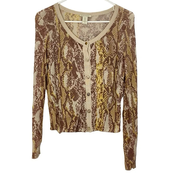 White & Warren Linen Cardigan Sweater Womens Small Snakeskin Animal Print Beige - Picture 1 of 7
